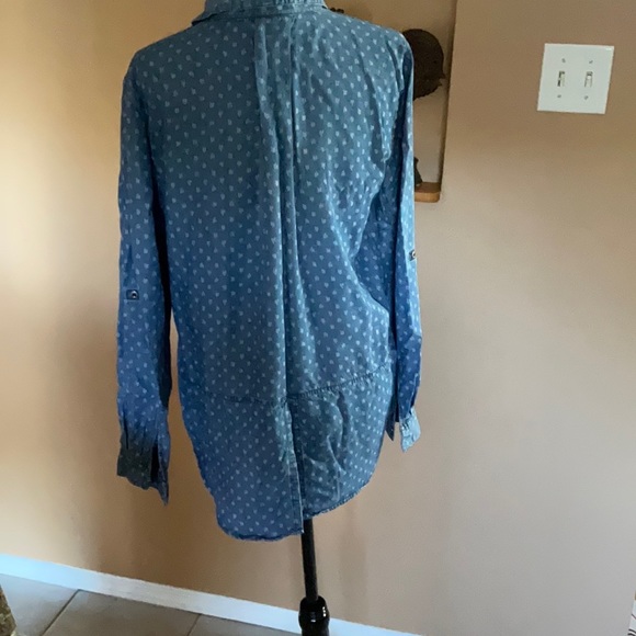 Tuxedo back denim blouse with small print. - Picture 2 of 2
